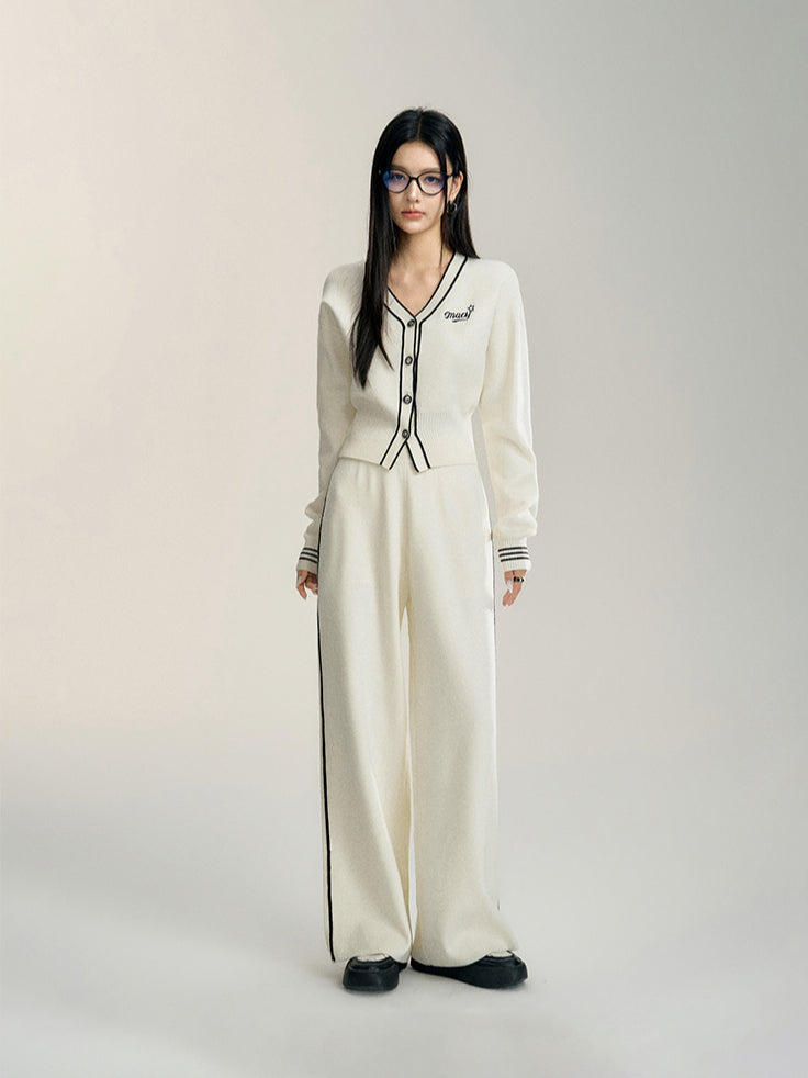 Black &amp; Off-white V-neck Knitted Cardigan Set