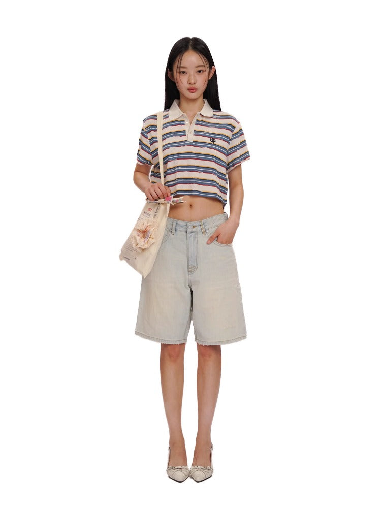 Vintage Washed Pleated Cat Whisker Spray Denim Shorts &amp; Long Pants