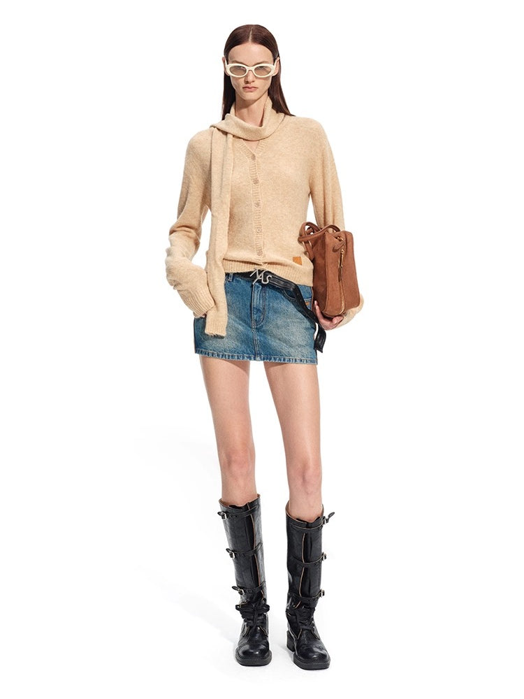 "Rose Series" Alpaca Wool &amp; Scarf Collar Knit Cardigan