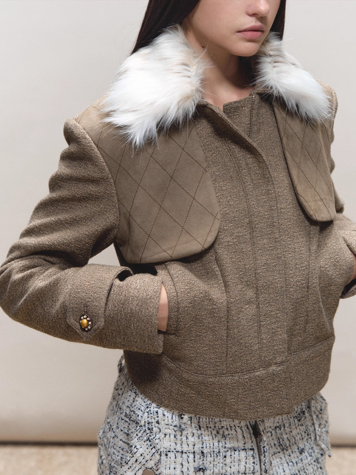 Contrast Quilted Fur-Collar Jacket