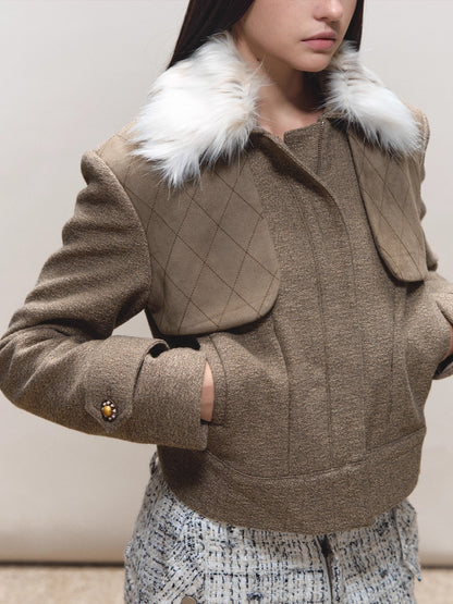 Contrast Quilted Fur-Collar Jacket