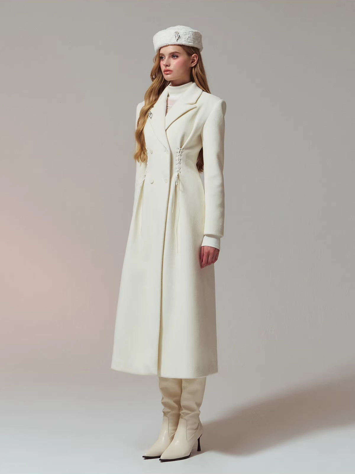 Laced Waist Double Breasted Wool Coat