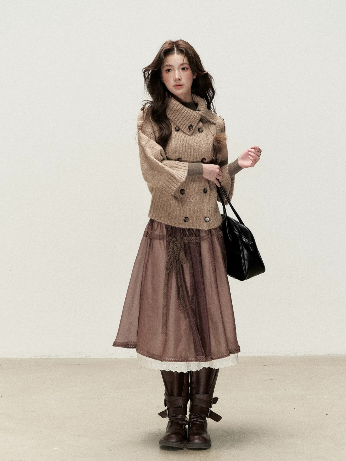 Vintage Cocoa Lace Layered Midi Skirt