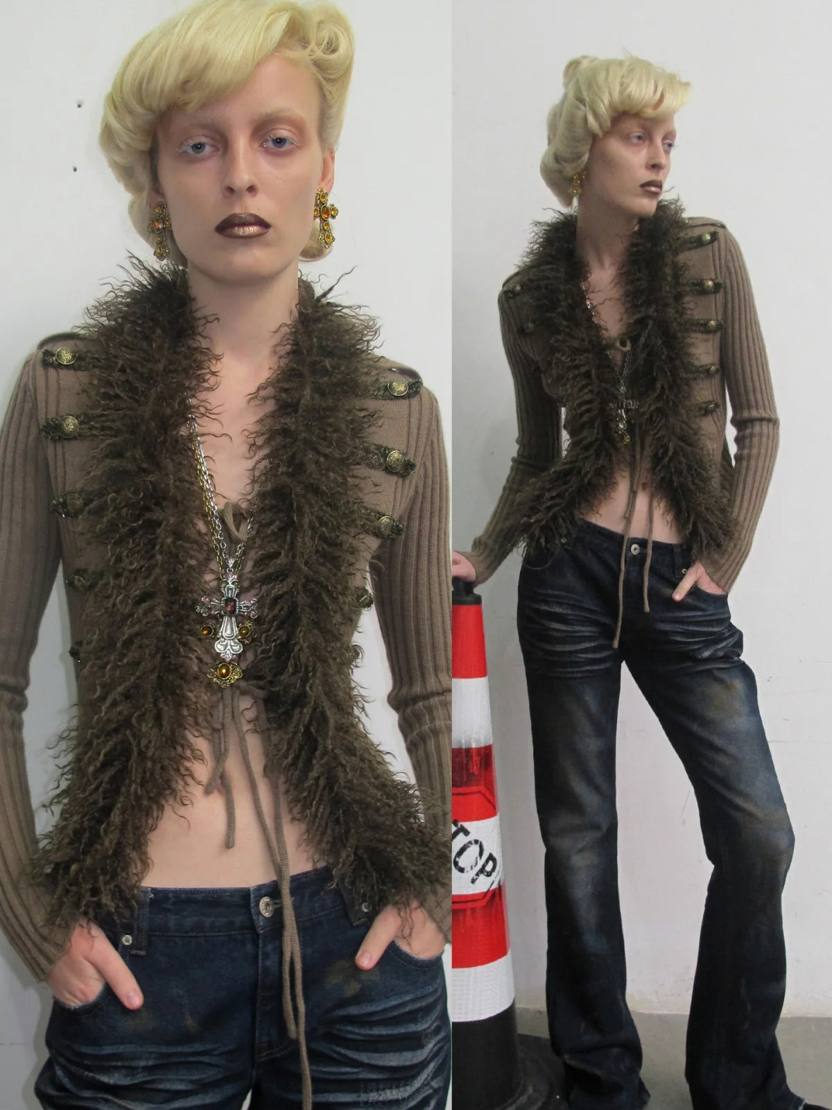 Napoleon Fur Collar Ribbed Cardigan