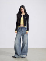 Blue Embroidered Cuff Wide Jeans