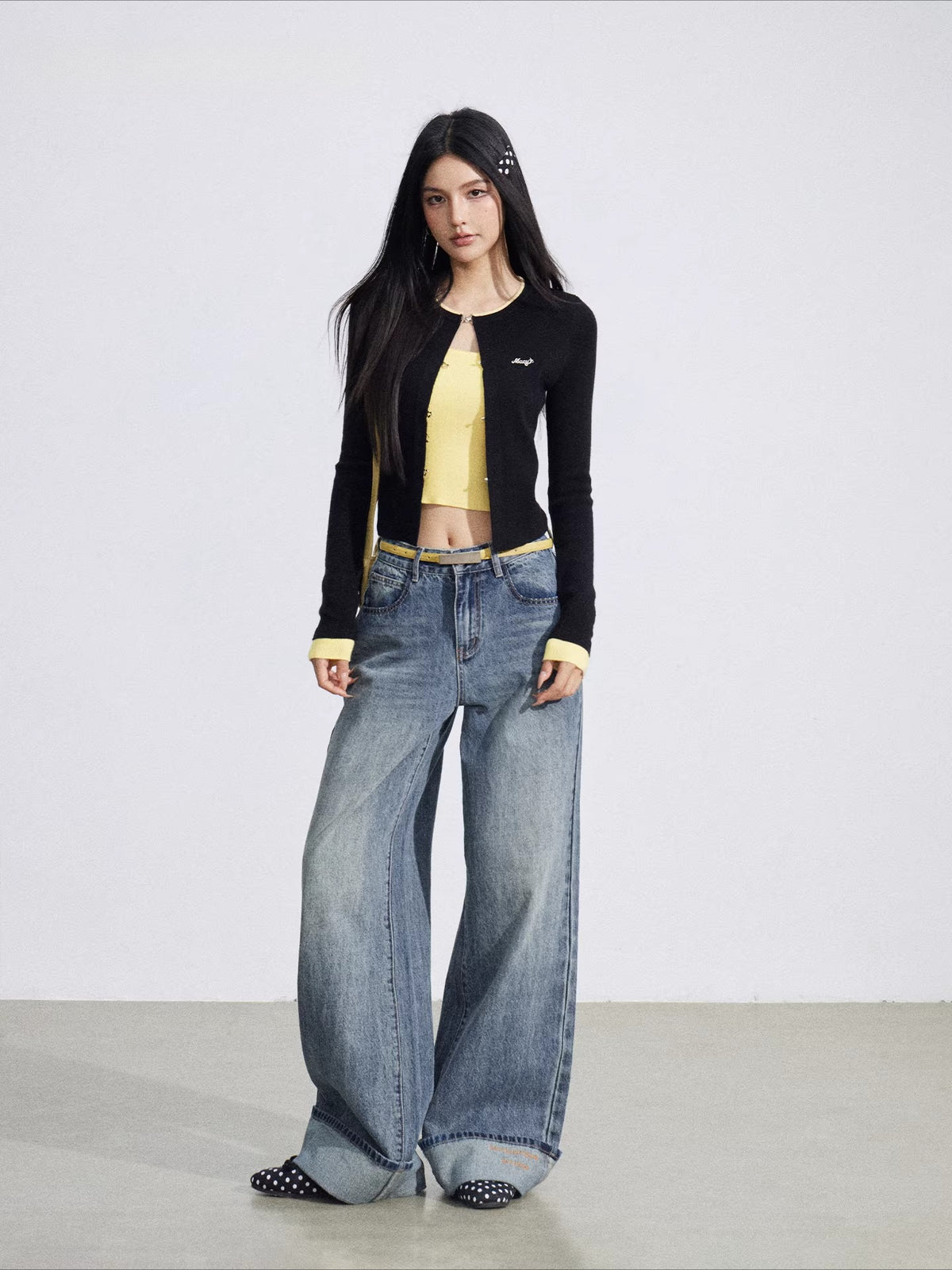 Blue Embroidered Cuff Wide Jeans
