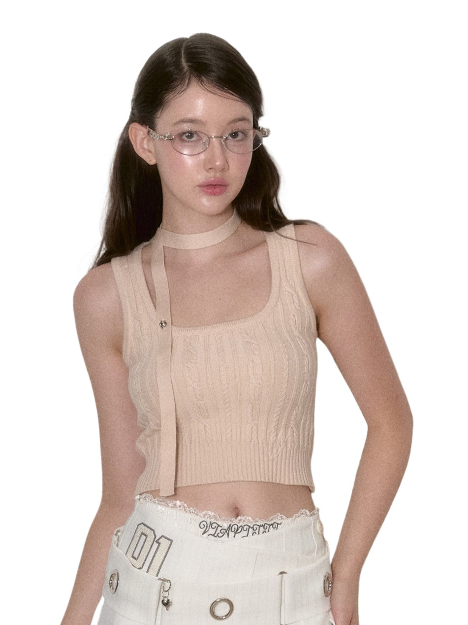 Black &amp; Beige Ribbon Knit Tank Top