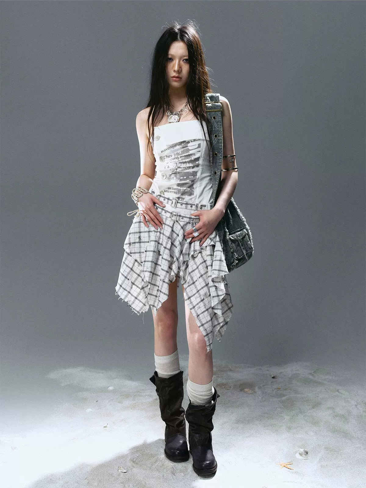 Graffiti Ruched Plaid Bustier Dress