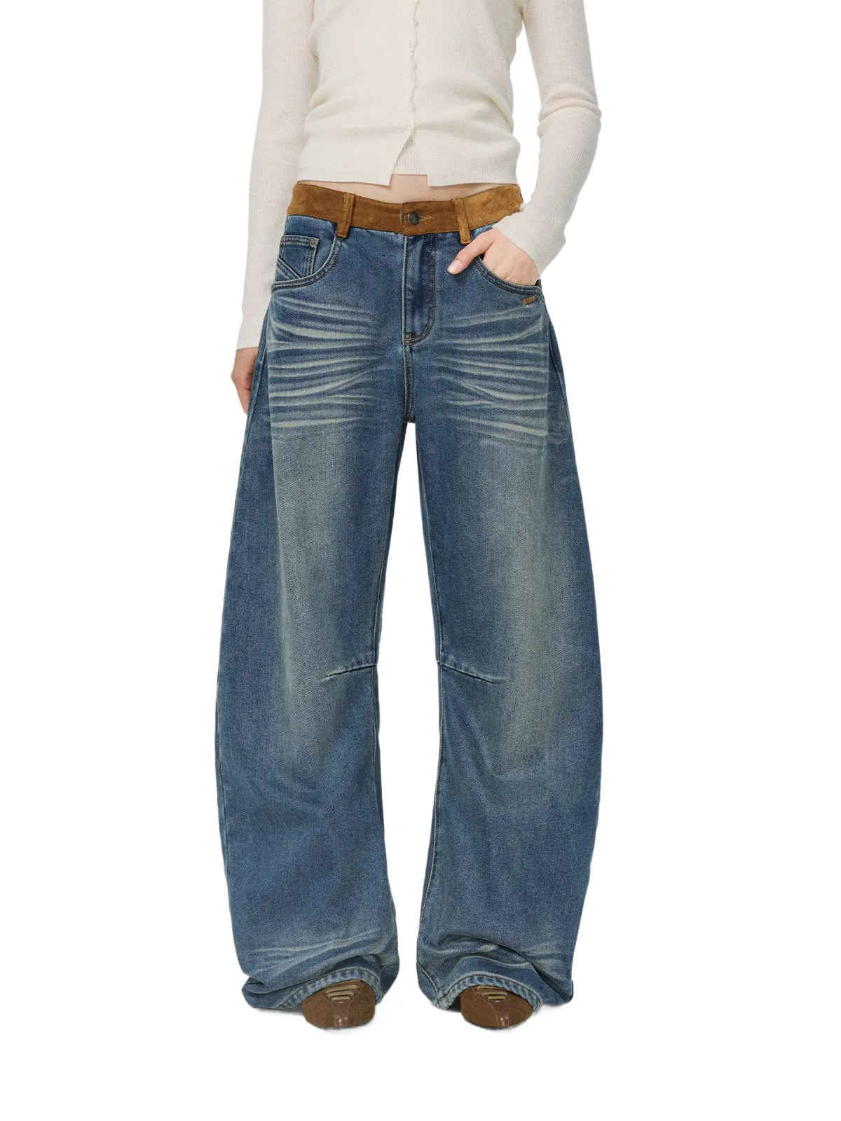 Faux Suede Waistband Barrel Jeans