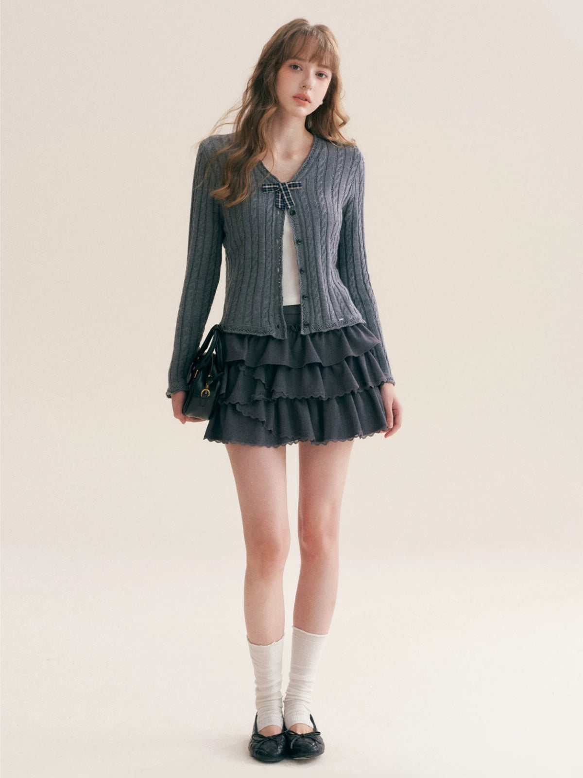 Plaid Bow Knit Cardigan