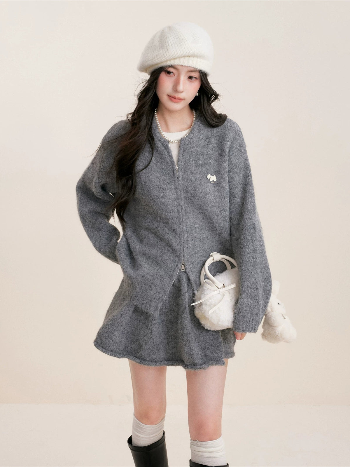 Gray Flocked Puppy Wool Blend Knit Set