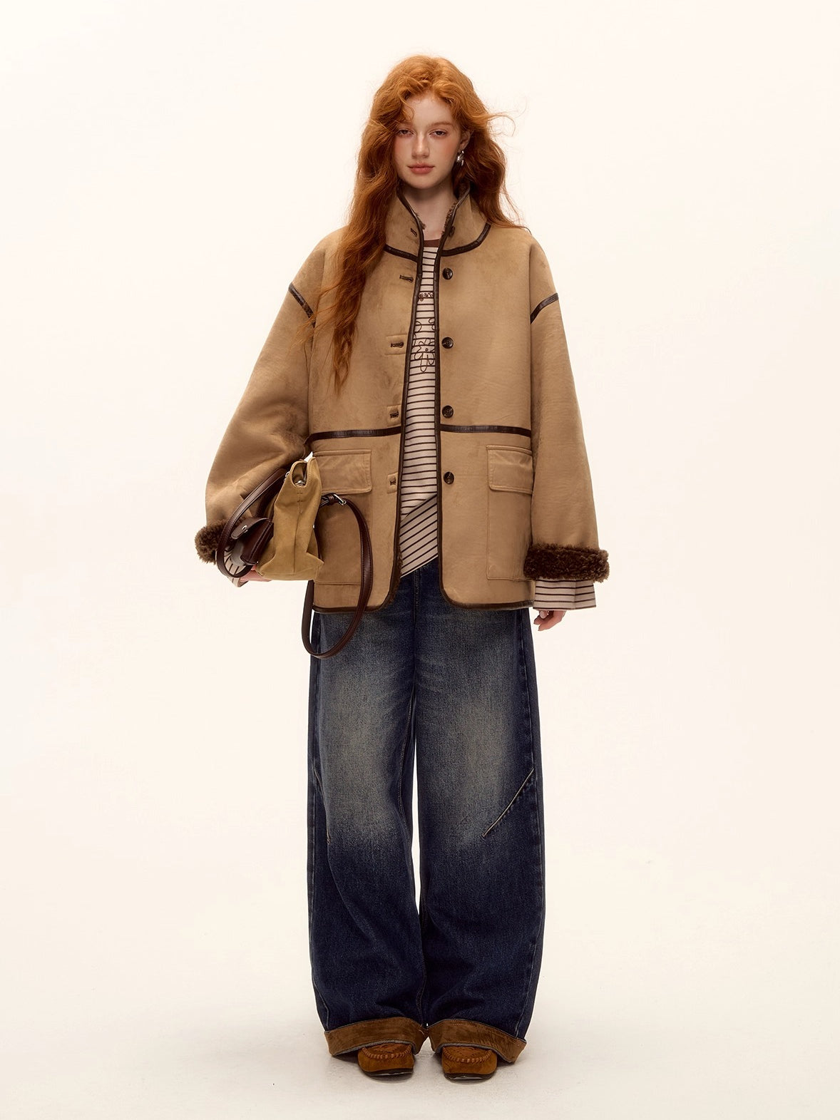 Suede Patchwork Cat-Whisker Wide-Leg Jeans