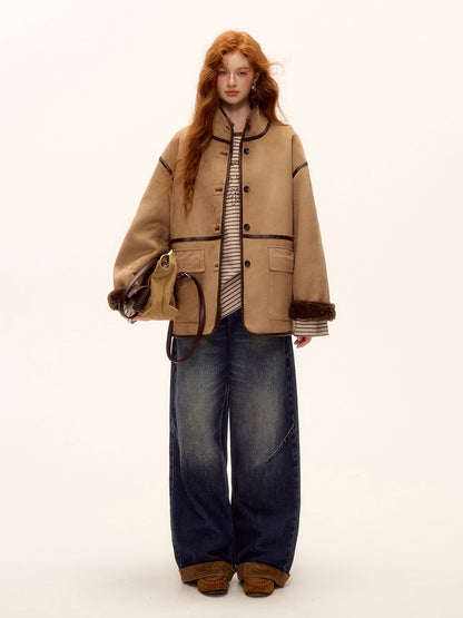 Suede Patchwork Cat-Whisker Wide-Leg Jeans