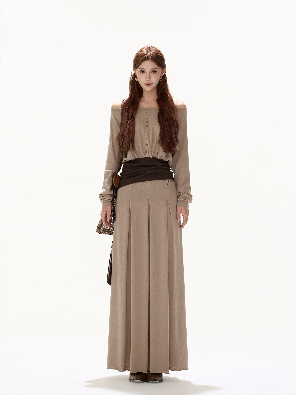 Khaki Off Shoulder Draped Top &amp; Skirt Set