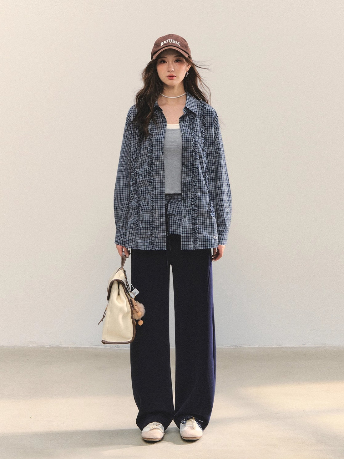 Plaid Ruffle Drawstring Pleated Shirt &amp; Sweatpants Set