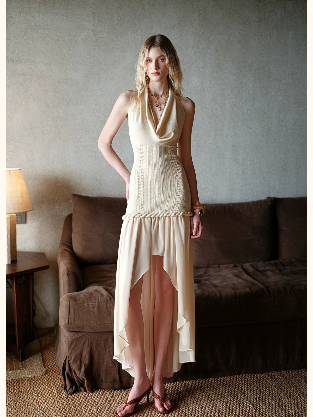 Halter Knit Chiffon Layered Dress