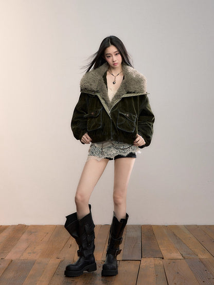 Velvet Denim Oversized Fur Collar Down Jacket
