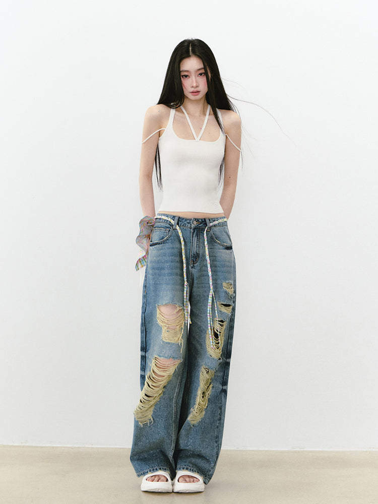 Blue Sparkly Ripped Jeans