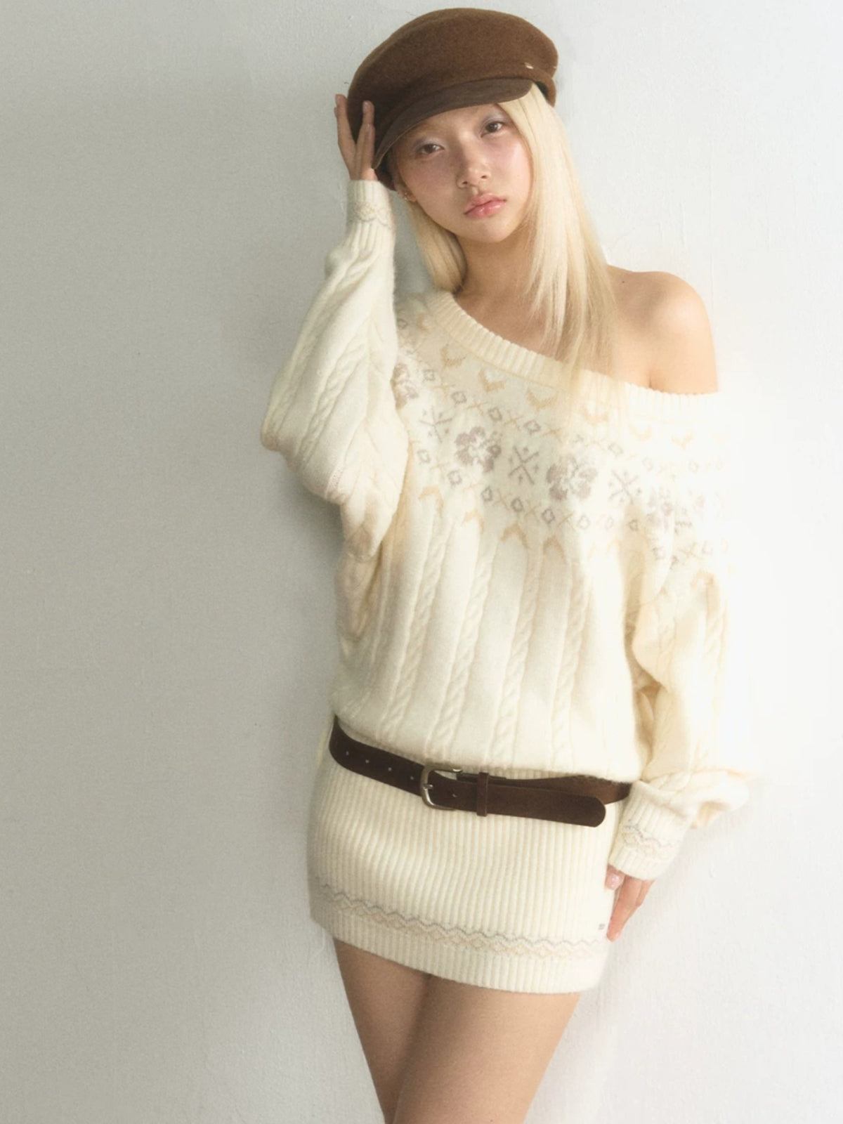 Fair Isle Asymmetric Knit Mini Dress