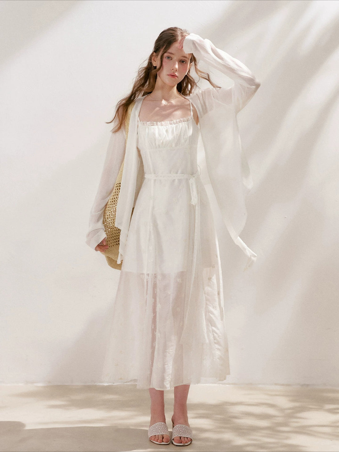 Apricot Embroidered Lace Midi Dress