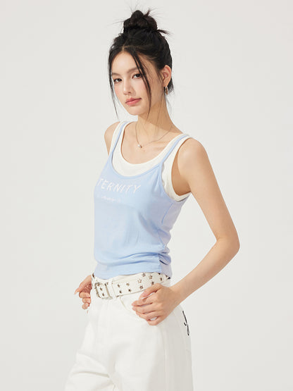Fake Two-Piece Contrast-Color Spliced Tank Top