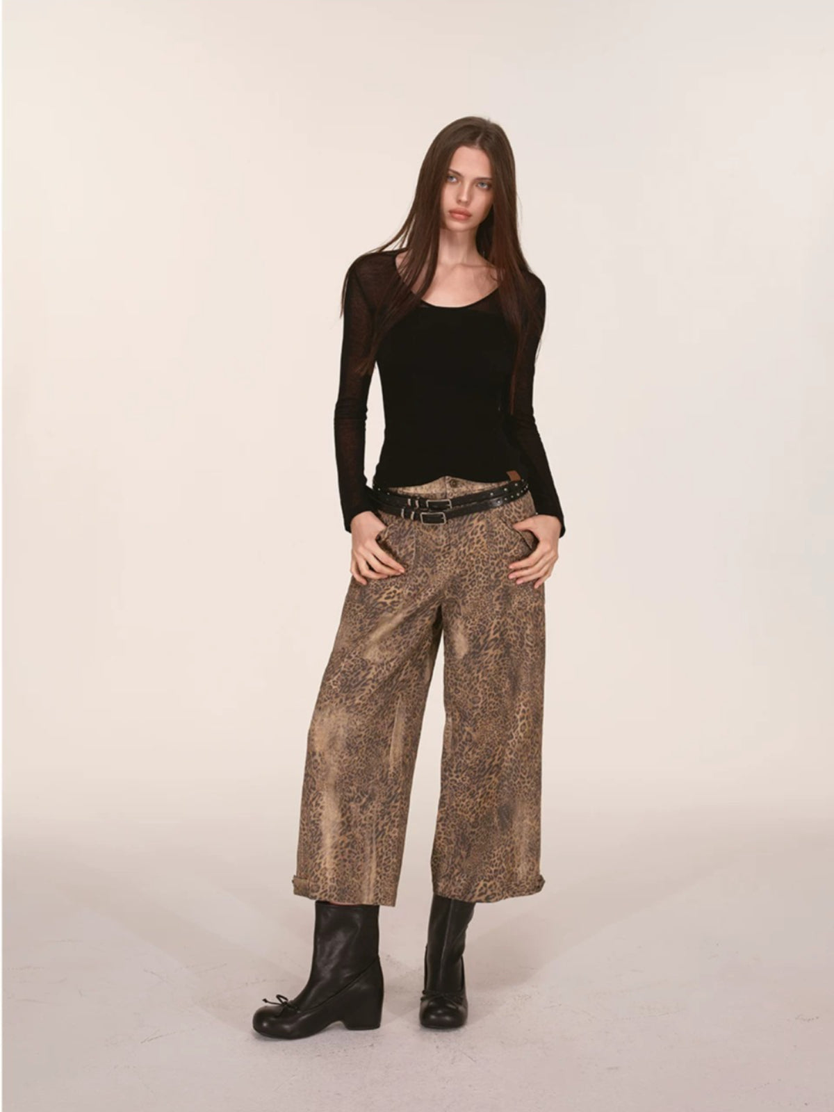 Washed Leopard Print Wide Leg Pants