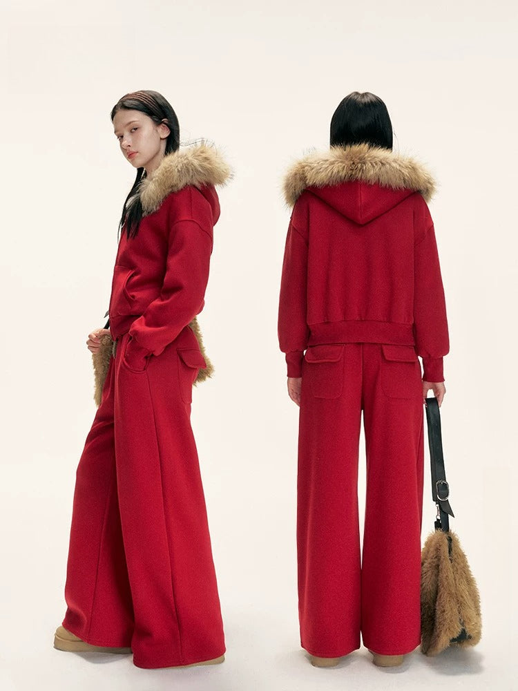 Red Fur-Trimmed Hoodie &amp; Pants Set