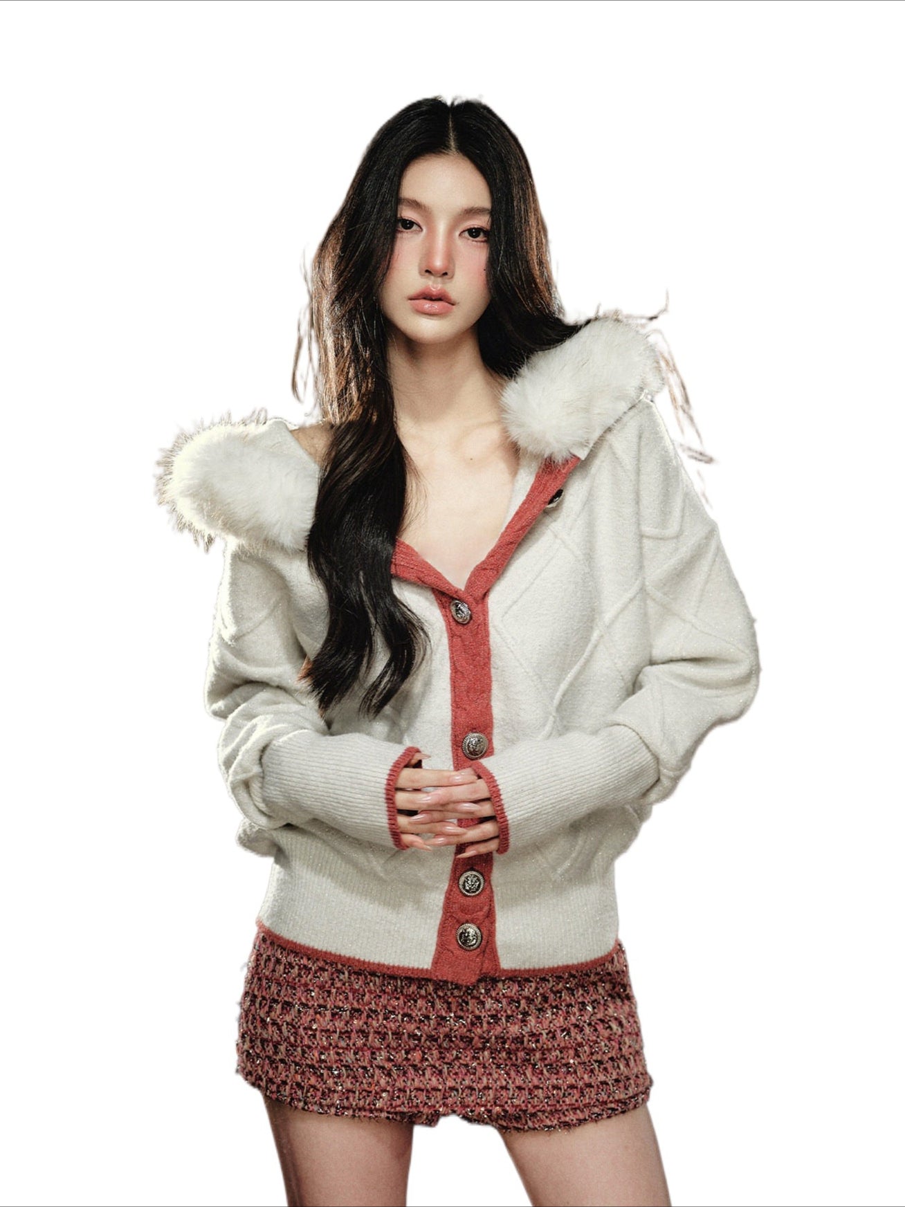 Chunky Knit Diamond Pattern Hooded Cardigan