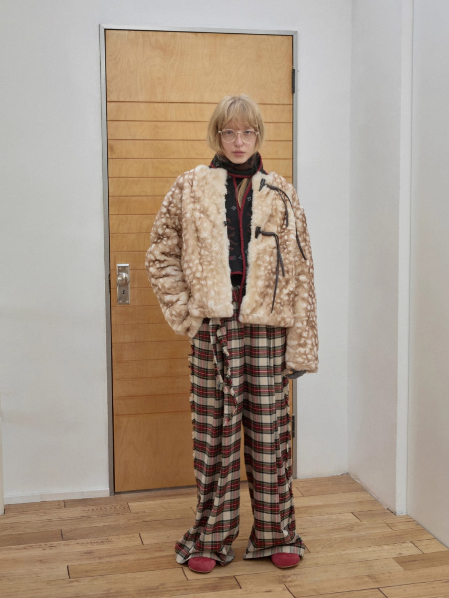 Vintage Red Plaid Brushed Cotton Wide-Leg Pants