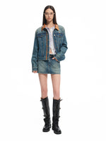 Vintage Washed Twill Patchwork Leather Straight Short Skirt