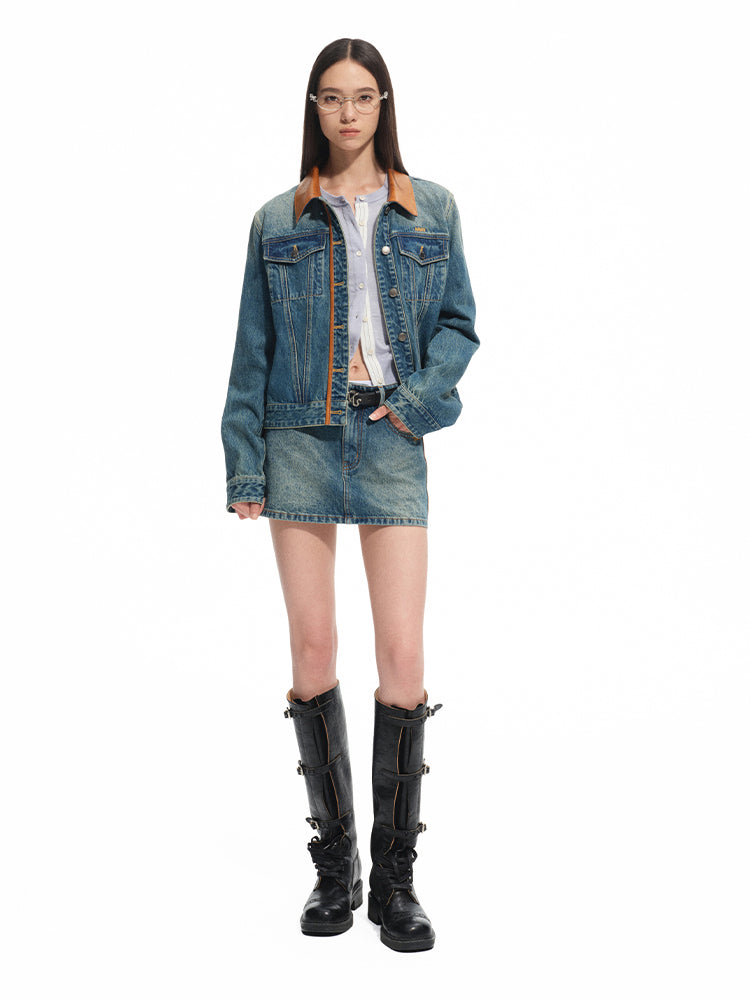 Vintage Washed Twill Patchwork Leather Straight Short Skirt
