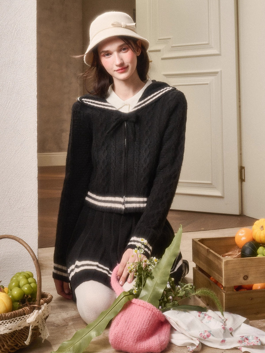 Memo Wool Cloud Knit Cardigan &amp; Pleated Skirt Set
