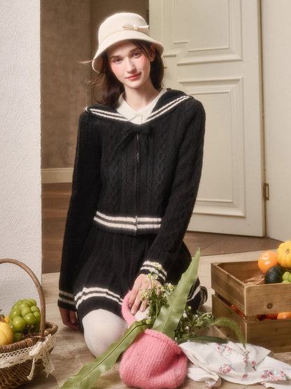 Memo Wool Cloud Knit Cardigan &amp; Pleated Skirt Set