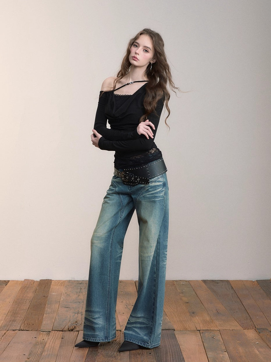 Asymmetric Beaded Drape T-shirt