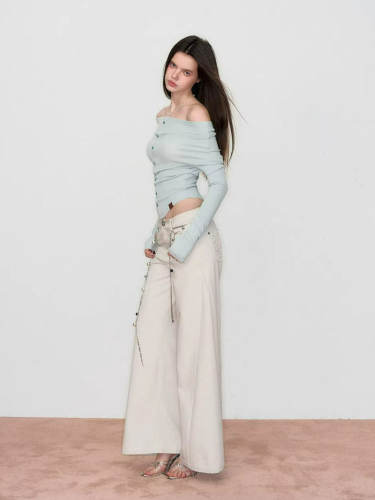 Off-Shoulder Long Sleeve Knit Tee