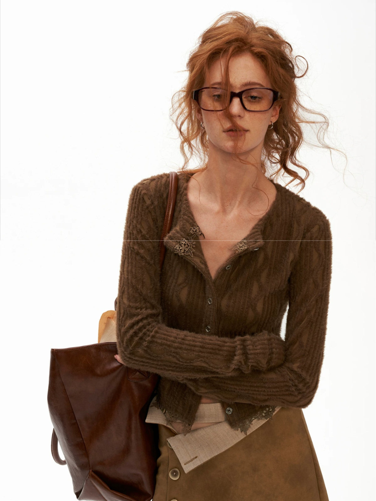 Lace Trim Textured Cropped Cardigan