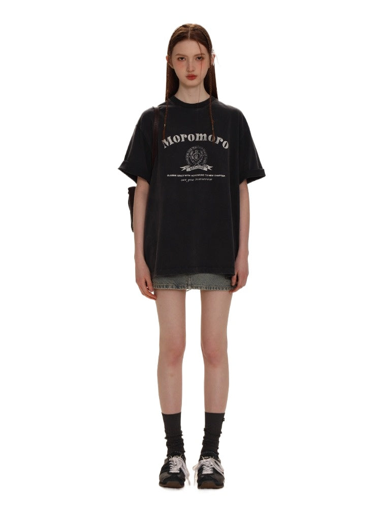 Navy Blue Distressed Print Loose T-Shirt