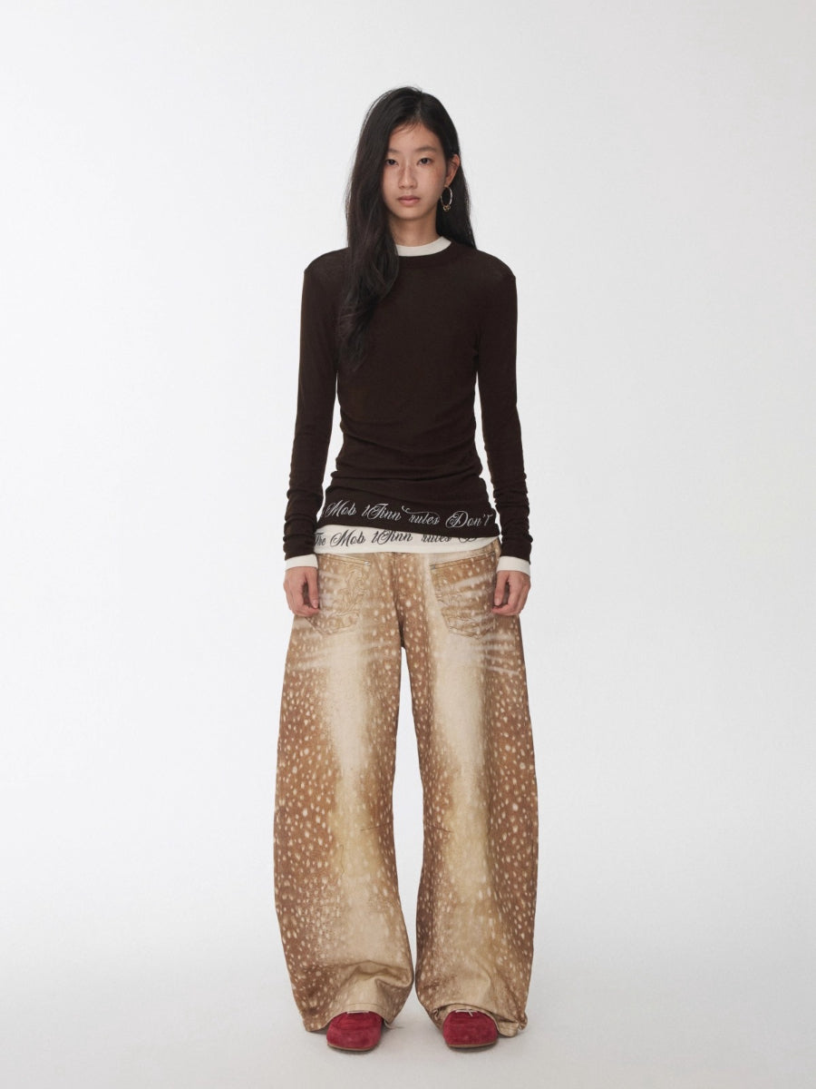 Vintage Deer Print Curved-Leg Canvas Pants