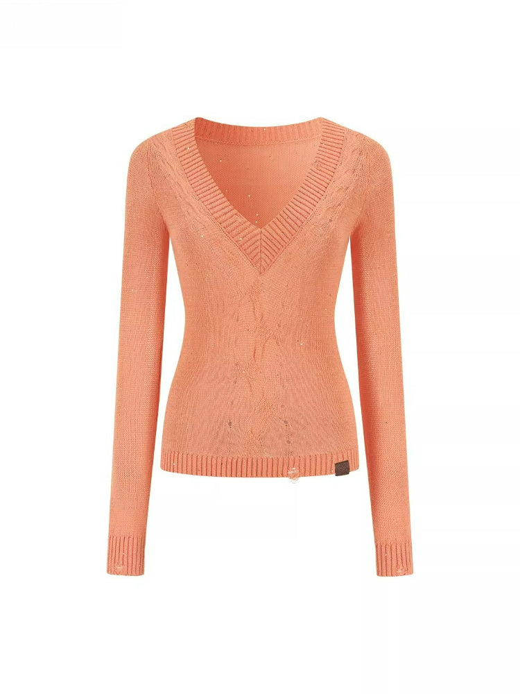 Shimmer Yarn Distressed V-Neck Knit Top