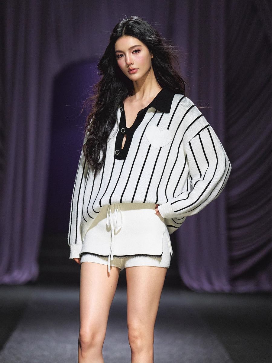 Striped Knit Polo T-Shirt &amp; Contrast Trim Skort Set