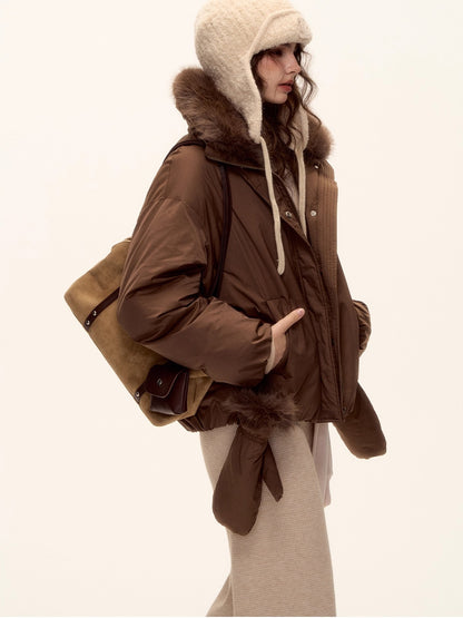 Detachable Fur Collar Short Down Jacket &amp; Gloves Set