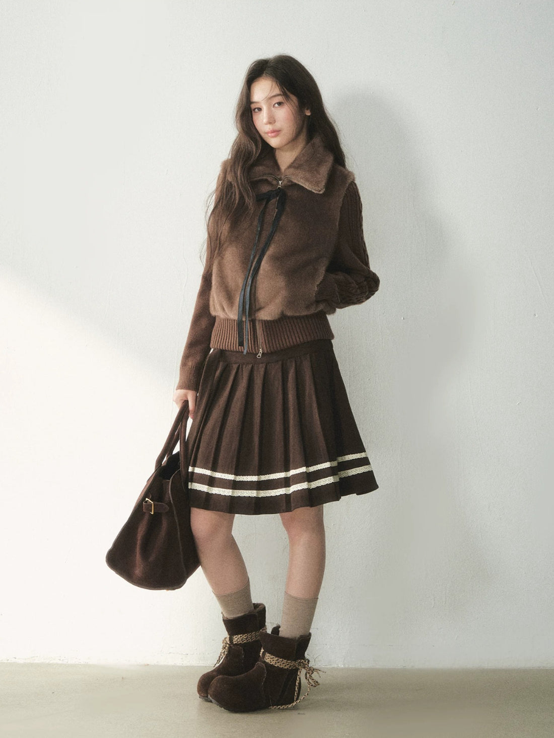Vintage Lace Trim Corduroy Pleated Skirt