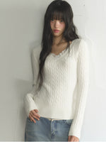 Lace Trim V-Neck Cable Knit Sweater