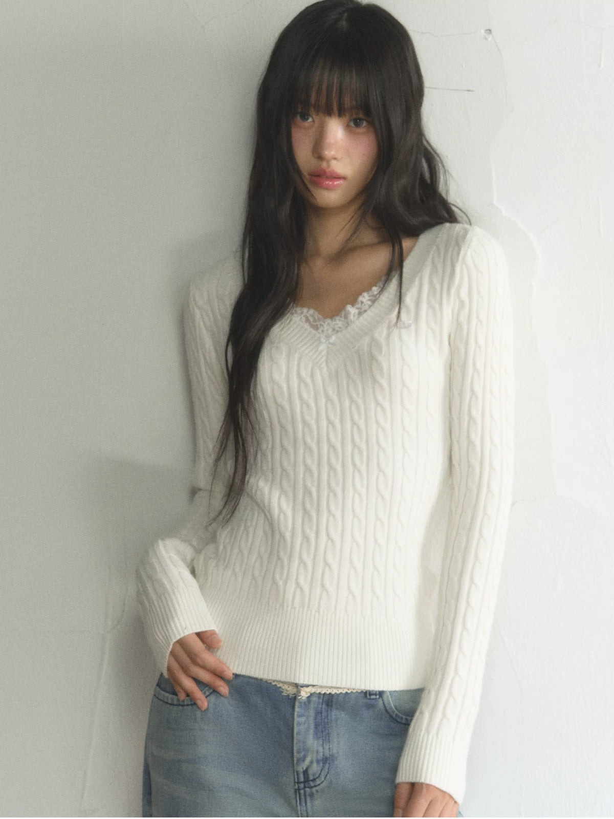 Lace Trim V-Neck Cable Knit Sweater