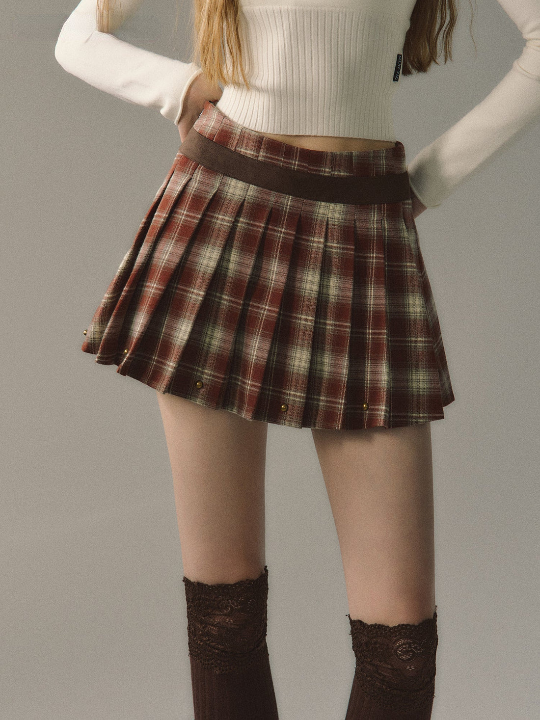 Red &amp; Coffee Plaid Pleated Mini Skirt