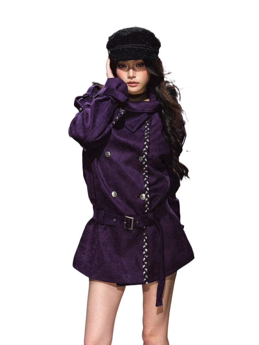 Purple Suede Stand-Collar Trench Jacket