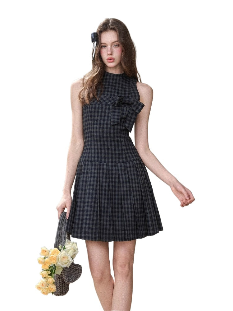 Bow Halter Checked Pleated Dress