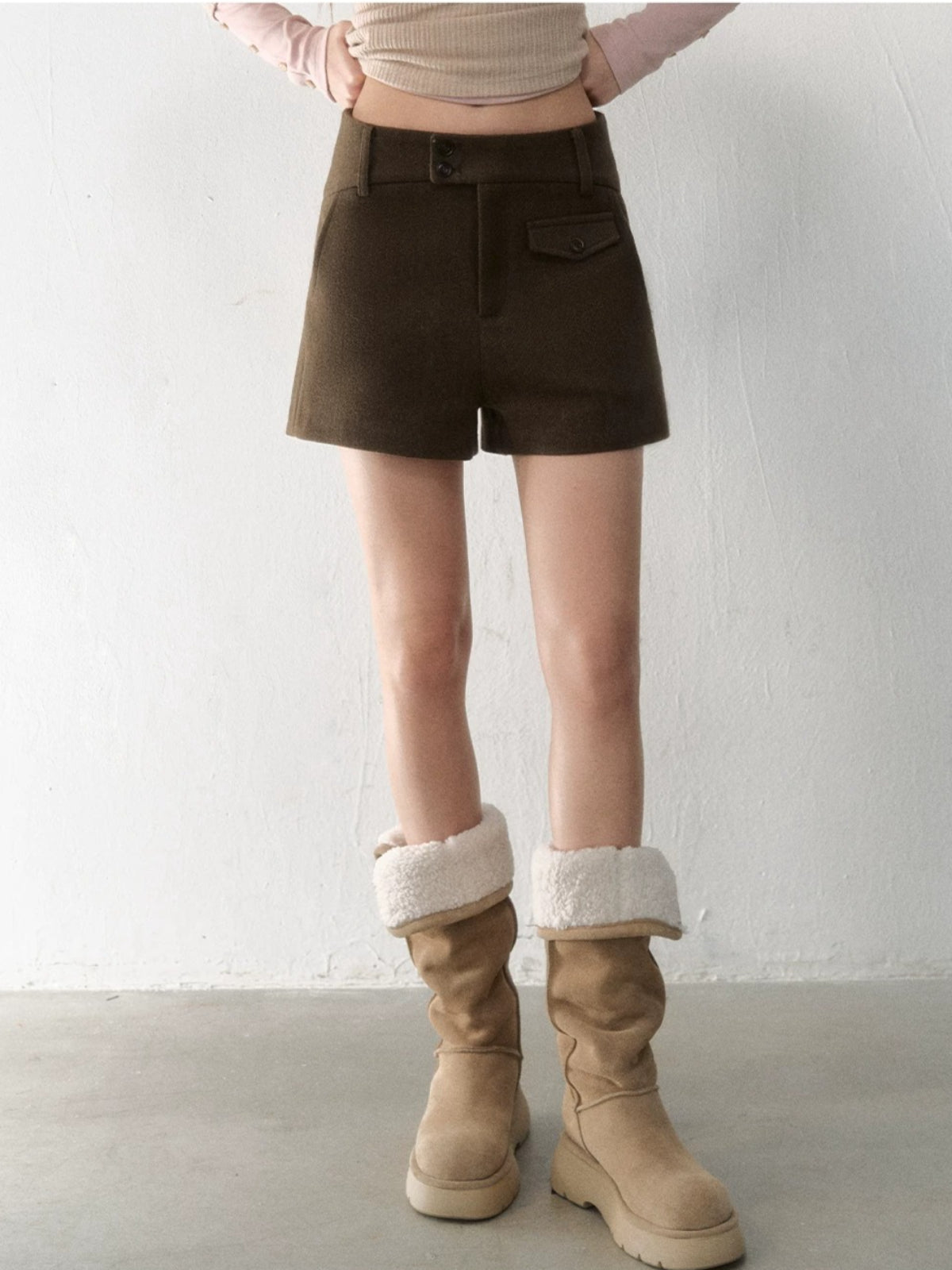 High-Waisted Wool Blend Shorts