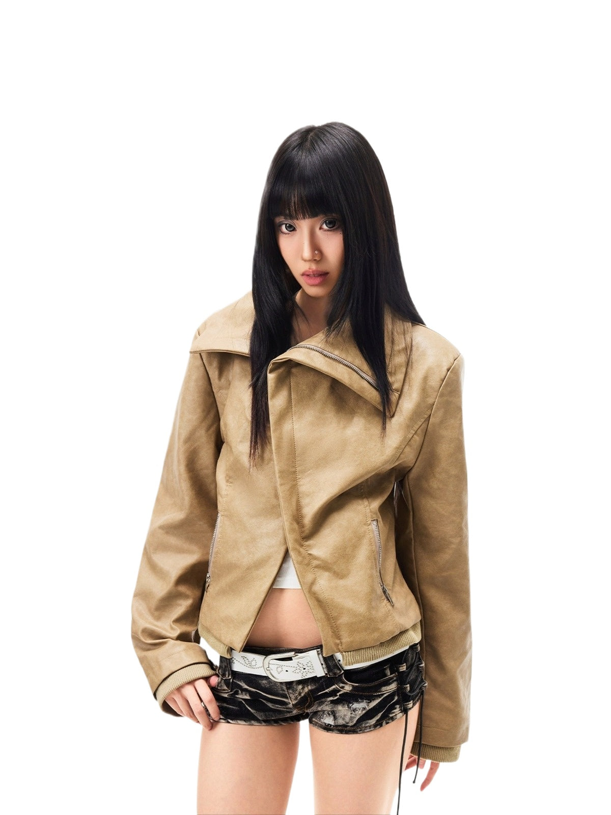 Asymmetric Lapel Leather Jacket