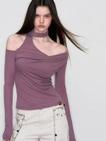 Asymmetrical Ribbon Off-Shoulder Knit Tee